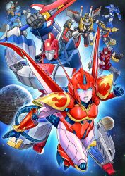  1girl 6+boys absurdres arm_up armor assault_rifle autobot blacker_(transformers) blue_assault_visor blue_eyes braver_(transformers) cannon clenched_hand clenched_hands commentary_request commission cybertron gatling_gun gun helmet highres holding holding_sword holding_weapon holi_(transformers) horns laster_(transformers) mecha mecha_focus mechanical_tail mechanical_wings minakaze_jan misogram multiple_boys open_mouth original pauldrons planet rifle robot robot_girl shoulder_armor sitting_on_shoulder skeb_commission smile space space_helmet spacesuit star_(sky) star_saber_(transformers) sword tail transformers transformers:_japanese_generation_1 transformers:_victory victory_leo waving weapon wings 