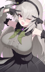  1girl :d ;d absurdres armpits black_gloves black_hairband black_skirt black_sleeves blue_archive blush breasts buttons commentary_request detached_sleeves double-breasted double_v gloves grey_hair grey_shirt grey_sleeves hair_between_eyes hairband halo hands_up high-waist_skirt highres huge_breasts long_hair looking_at_viewer one_eye_closed open_mouth pink_background pink_eyes sakurako_(blue_archive) sakurako_(idol)_(blue_archive) shirt skirt sleeveless sleeveless_shirt smile solo sparkle straight_hair two-tone_sleeves underbust upper_body v v_over_eye white_halo wrightia 