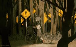  ! 1girl ahoge ahoge_girl_(jimini_shijimi) artist_name bicycle bicycle_basket blunt_bangs commentary_request converse forest from_side highres instagram_username jimini_shijimi low_twintails nature neckerchief no_pupils original pleated_skirt pushing_bicycle red_neckerchief red_shoes road_sign sailor_collar school_uniform serafuku shoes short_eyebrows short_hair short_sleeves short_twintails sidelocks sign skeb_username skirt solo standing tree twintails twitter_username walking 