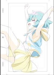  1girl :d animation_paper anime_coloring aqua_hair armpits arms_up blue_jacket blush_stickers clenched_hand commentary_request from_side highres hood hood_down hooded_jacket jacket mahou_no_shimai_lulutto_lilly miniskirt multicolored_jacket nonoyama_fuu papiyon1297 short_hair short_sleeves skirt smile solo two-tone_jacket v-shaped_eyebrows yellow_jacket yellow_skirt zipper_pull_tab 