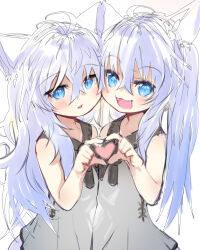  2girls :3 :d absurdres ahoge alice_(ookami_hime_monogatari) animal_ears antenna_hair bare_shoulders blue_eyes blush cheek-to-cheek collared_dress crossed_bangs dress fangs grey_dress hair_between_eyes hand_up heads_together heart heart_hands heart_hands_duo highres long_hair looking_at_viewer multiple_girls ookami_hime_monogatari open_mouth parted_lips siblings simple_background sisters sketch sleeveless sleeveless_dress slit_pupils smile sufi_(ookami_hime_monogatari) tail toba_hiyoko twins twintails white_background white_hair white_tail wolf_ears wolf_girl 
