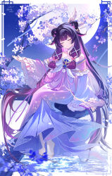  1girl absurdres adapted_costume bare_shoulders barefoot black_hair blue_dress branch chinese_commentary closed_eyes closed_mouth collarbone columbina_(genshin_impact) commentary_request double_bun dress genshin_impact hair_bun hair_ornament hand_up highres long_hair long_sidelocks long_sleeves miaogujun moon multicolored_dress multicolored_hair night off-shoulder_dress off_shoulder pink_dress purple_hair sidelocks signature sitting solo very_long_hair wing_hair_ornament 