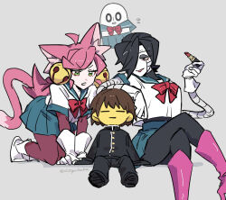  1boy 1girl 2others ahoge all_fours android animal_ear_fluff animal_ears bell black_hair black_jacket black_pants blue_sailor_collar blue_skirt boots bow bowtie brown_hair cat_ears closed_eyes colored_skin commentary cosmetics crossed_legs frisk_(undertale) gakuran ghost gloves gorira_(2525gorillachan) green_eyes hair_bell hair_ornament hair_over_one_eye holding holding_lipstick_tube jacket lipstick_tube long_hair mad_mew_mew mettaton mettaton_ex multiple_others napstablook pants pantyhose pink_boots pink_hair red_bow red_bowtie sailor_collar school_uniform serafuku shirt short_hair signature sitting skirt smile undertale utdr_(toby_fox) white_gloves white_shirt yellow_skin 