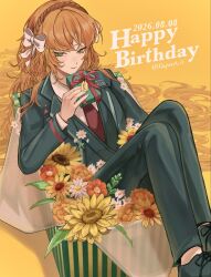  1girl black_jacket black_pants black_shoes black_vest box closed_mouth collared_shirt commentary dated english_text gift happy_birthday highres holding holding_gift in_box in_container ishmael_(project_moon) jacket knees_up limbus_company long_hair looking_at_viewer necktie orange_background orange_hair pants project_moon rapura_a red_necktie shirt shoes simple_background smile solo very_long_hair vest white_shirt 