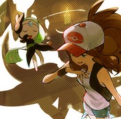  1girl :d baseball_cap black_vest blue_eyes brown_hair exposed_pocket hand_up hat highres hilda_(pokemon) long_hair majyo_(witch_poke) meloetta open_clothes open_mouth open_vest pokemon pokemon_black_and_white shirt shorts sidelocks sleeveless sleeveless_shirt smile vest white_hat white_shirt wristband 