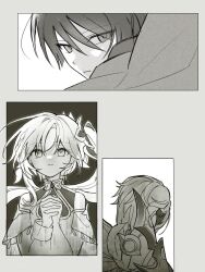  1girl 2boys armlet asymmetrical_sidelocks blunt_ends bracelet braid closed_mouth curtained_hair detached_sleeves dottore_(genshin_impact) dress eye_mask facing_away fingernails genshin_impact greyscale hair_ornament half_crown_braid hands_up highres interlocked_fingers jewelry leaf leaf_hair_ornament long_hair looking_at_viewer looking_back mask mmitteog monochrome multiple_boys nahida_(genshin_impact) own_hands_clasped own_hands_together parted_bangs pointy_ears scaramouche_(genshin_impact) scene_reference side_ponytail sidelocks split_mouth tsurime wanderer_(genshin_impact) wispy_bangs 
