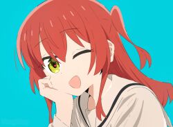  1girl aqua_background blue_background bocchi_the_rock! commentary_request dot_nose english_commentary green_eyes hair_between_eyes hand_on_own_cheek hand_on_own_face head_rest heart heart-shaped_pupils heart_in_eye kita_ikuyo long_hair long_sleeves looking_at_viewer mixed-language_commentary one_eye_closed one_side_up open_mouth portrait red_hair sailor_collar school_uniform shuka_high_school_uniform simple_background smile solo symbol-shaped_pupils symbol_in_eye usagihop 
