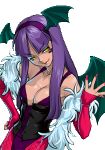  bat_wings cleavage corset costume gaia_online headband long_hair moira_(gaia_online) purple_hair smile tattoo yellow_eyes 