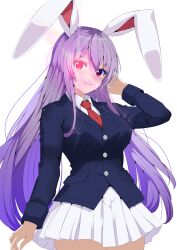  1girl animal_ears black_jacket blazer blush breasts closed_mouth collared_shirt commentary_request cowboy_shot highres jacket kitaura_kasumi large_breasts long_hair long_sleeves looking_at_viewer necktie pleated_skirt purple_hair rabbit_ears rabbit_girl red_eyes red_necktie reisen_udongein_inaba shirt simple_background skirt smile solo touhou very_long_hair white_background white_shirt white_skirt 
