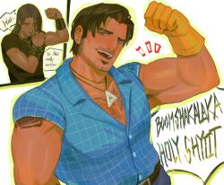  2boys armlet beard biceps black_shirt blue_shirt character_request chest_hair commentary date_everything english_commentary english_text facial_hair flexing highres jewelry looking_at_viewer male_focus multiple_boys muscular muscular_male necklace open_mouth pectorals rineisded shirt shoulder_tattoo smile speech_bubble spiked_armlet sweat tattoo tony_(date_everything) upper_body white_background 