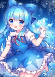  1girl :3 :d ahoge alternate_hair_length_(longer) blue_bow blue_butterfly blue_eyes blue_hair blue_shoes blue_skirt blue_vest blush bow bug butterfly cirno coa_(chroo_x) commentary_request cowboy_shot frilled_shirt_collar frilled_skirt frills gloves glowing_butterfly hair_bow highres ice ice_wings long_hair looking_at_viewer neck_ribbon open_mouth puffy_short_sleeves puffy_sleeves ribbon shoes short_sleeves sidelighting skirt smile solo touhou vest white_gloves wings 
