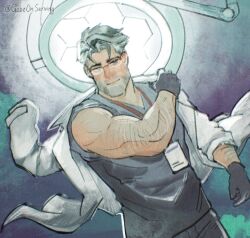  1boy arm_hair artist_name beard biceps blush closed_mouth doctor_strange doctor_strange_(series) doctor_strange_(stephen_sanders:_the_doctor) english_commentary facial_hair gabeonserving glasses gloves grey_gloves grey_pants grey_shirt id_card lab_coat lanyard looking_at_viewer male_focus marvel marvel_rivals medical_scrubs muscular muscular_male pants shirt smile twitter_username 