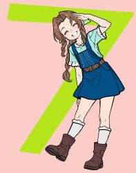  1girl aerith_gainsborough aged_down belt blue_dress blue_shirt boots bow braid brown_boots brown_hair closed_eyes dress final_fantasy final_fantasy_vii final_fantasy_vii_rebirth final_fantasy_vii_remake frilled_sleeves frills hair_bow highres kneehighs long_hair salute shirt single_braid smile socks takuu_(seadog6662) 