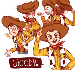  1boy animal_print animification brown_hair character_name cow_print cowboy cowboy_hat hat highres long_sleeves male_focus multiple_persona nhbzzdy open_mouth sheriff_woody shirt short_hair simple_background smile solo toy_story vest white_background 