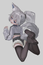  1girl absurdres animal_ear_fluff animal_ears black_thighhighs blue_eyes crop_top fangs feet full_body fur_trim hair_between_eyes highres long_sleeves looking_back no_shoes open_mouth original ponytail shangtianrudi_xiaobailang short_hair_with_long_locks shorts soles solo tail teeth thigh-highs toes tongue white_hair wolf_ears wolf_girl wolf_tail 