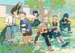  6+boys ahoge animal_ears aqua_eyes aqua_hair aqua_pants aqua_shorts bennett_(genshin_impact) bishounen black_hair black_pants blue_eyes blue_hat blue_shirt brown_eyes brown_hair brown_shorts brown_vest can cat collared_shirt commentary_request day diagonal-striped_clothes diagonal-striped_necktie flower fox_boy fox_tail freminet_(genshin_impact) genshin_impact goggles goggles_on_head grass green_eyes green_hair grey_hair grey_shorts guitar hair_over_one_eye handheld_game_console hat highres holding holding_can holding_handheld_game_console holding_watering_can instrument kaedehara_kazuha kinich_(genshin_impact) male_focus multicolored_hair multiple_boys necktie on_stairs outdoors pants pers_(genshin_impact) playing_guitar playing_instrument red_hair shiro_chan46 shirt shoes shorts sneakers socks streaked_hair striped_clothes striped_necktie tail tighnari_(genshin_impact) tree vest watch watch watering_can white_shirt xiao_(genshin_impact) 