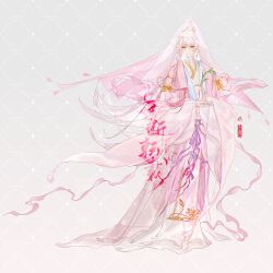  1boy absurdres alternate_costume branch chinese_clothes chinese_commentary chinese_text closed_mouth coat commentary_request daxiushan eyeshadow facial_mark flower flower_ornament full_body gold_flower gradient_hair grey_background guanyin hagoromo hair_ornament hanfu highres holding_vase hu-geng_(the_tale_of_food) long_hair long_sleeves lotus low-tied_sidelocks makeup male_focus multicolored_hair o-ring pink_coat pink_eyes pink_hair pink_hanfu pink_ribbon pink_robe pink_shawl pink_veil ribbon robe seal_impression see-through_clothes see-through_coat see-through_veil shawl sidelocks simple_background single_sidelock smile solo standing swept_bangs tassel teardrop_facial_mark the_tale_of_food veil very_long_hair watermark watermark_grid white_hair wing_hair_ornament ya_ji_zhou yellow_eyeshadow 