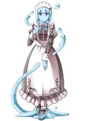  1girl apron blue_bow bombom bow maid_apron maid_headdress monster_girl official_art slime_(substance) slime_girl solo third-party_source tokyo_afterschool_summoners transparent_background violet_eyes water_maid_(housamo) 