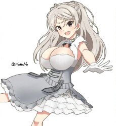  1girl absurdres breasts brown_eyes cleavage_cutout clothing_cutout conte_di_cavour_(kancolle) conte_di_cavour_nuovo_(kancolle) dress feet_out_of_frame gloves grey_dress grey_hair hamuno highres kantai_collection large_breasts layered_dress one-hour_drawing_challenge simple_background smile solo twitter_username two_side_up white_background white_gloves 