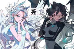  2girls arm_across_chest black_bodysuit blue_eyes blue_gem bodysuit bracelet commentary dark-skinned_female dark_skin dixretsa dragon_wings dress earrings feather_hair_ornament feathered_wings feathers gem hair_ornament hand_up high_collar highres humanization jewelry long_hair long_sleeves looking_at_viewer multiple_girls own_hands_together palms_together pokemon pokemon_black_and_white red_eyes reshiram simple_background tail turtleneck white_background white_dress wings zekrom 