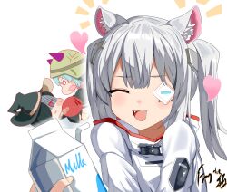  1other 3girls :3 :d ^_^ absurdres anger_vein angry animal_ear_fluff animal_ears black_hair black_hat blonde_hair blue_hair blunt_bangs blush bungo_yayoi cat_ears cat_girl chibi chibi_inset closed_eyes commentary crab_claw drink_carton eyepatch facing_viewer fang fragrice grey_hair hair_over_one_eye happy hat heart heaven_burns_red highres holding holding_drink_carton holding_milk_carton kemonomimi_mode long_hair long_sleeves medium_hair milk_carton multiple_girls notice_lines one_eye_covered open_mouth pov pov_hands red_eyes shaded_face sidelocks signature simple_background smile solo_focus sweatdrop sweater tenne_miko twintails white_background white_sweater witch_hat yamawaki_bon_ivar 