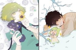  2girls agott_arklaum_(tongari_boushi_no_atelier) animal_ears aqua_cloak blush bob_cut branch buttons chibi chibi_inset cloak coco_(tongari_boushi_no_atelier) collared_cloak crossed_arms curly_hair dress flower full_body green_eyes green_hair hair_flower hair_ornament hat head_on_arm head_rest highres holding holding_flower kiss long_dress long_sleeves looking_at_another lying multiple_girls multiple_tails on_back on_stomach purple_hair qifrey's_atelier_apprentice_uniform short_hair smile star_(symbol) tail tongari_boushi_no_atelier upper_body violet_eyes walking white_background white_dress youshie yuri 