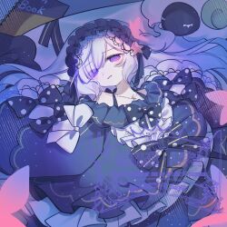  1girl bare_shoulders black_ribbon blue_dress blue_hairband bow collarbone commentary_request crescent crescent_necklace dress dress_bow frilled_dress frilled_hairband frilled_sleeves frills gothic_lolita hair_over_one_eye hair_ribbon hairband jewelry lolita_fashion lolita_hairband long_hair long_sleeves looking_at_viewer lying mahou_shoujo_no_majo_saiban natsume_an-an necklace off-shoulder_dress off_shoulder polka_dot polka_dot_bow ribbon sketchbook sleeve_bow sleeves_past_fingers sleeves_past_wrists solo stuffed_animal stuffed_sheep stuffed_toy violet_eyes watermark white_hair wide_sleeves yumemiya_saya 