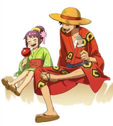  1boy 1girl absurdres black_hair blush candy_apple closed_eyes commentary_request food green_kimono hair_ornament hat highres holding holding_food japanese_clothes kimono kurozumi_tama monkey_d._luffy official_alternate_costume one_piece open_mouth purple_hair qinyu0314 red_kimono red_sash sandals sash scar scar_on_cheek scar_on_face short_hair sitting smile straw_hat white_background 