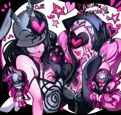  2girls alien_stage animal_ear_headwear animal_ears black_hair closed_mouth commentary english_text grey_hat hat heart highres lilbpeach mizi_(alien_stage) mizi_(zombie_stage) multiple_girls official_alternate_costume open_mouth paw_print pink_hair rabbit_ear_headwear rabbit_ears romaji_text spiral_print sua_(alien_stage) sua_(zombie_stage) tongue tongue_out untranslatable_commentary zombie_stage 