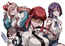  4girls aqua_eyes black_eyes black_jacket black_necktie blue_choker blue_jacket blue_ribbon blue_shorts braid breasts bright_pupils brown_hair chainsaw_man choker closed_mouth collared_shirt commentary_request crying crying_with_eyes_open demon_girl demon_horns eyelashes grenade_pin grin hair_between_eyes hair_ornament hairclip hammer higashiyama_kobeni highres holding holding_hammer holding_knife holding_weapon horns jacket kemuribata knife long_hair long_sleeves lower_teeth_only makima_(chainsaw_man) mole mole_on_cheek mole_under_mouth multiple_girls multiple_hairclips multiple_moles multiple_moles_under_one_eye neck_ribbon necktie open_clothes open_jacket open_mouth orange_eyes power_(chainsaw_man) purple_hair purple_necktie red_horns reze_(chainsaw_man) ribbon ringed_eyes sharp_teeth shirt short_hair shorts sidelocks simple_background single_braid sleeveless sleeveless_shirt smile tears teeth wavy_mouth weapon white_background white_pupils white_shirt yellow_eyes 