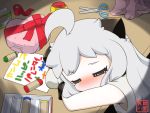  1girl =_= ahoge blush box chocolate chocolate_heart closed_eyes crayon dress gift gift_box head_rest heart horns kantai_collection long_hair mittens northern_ocean_hime oresama_x pale_skin scissors shinkaisei-kan silver_hair sleeping solo tears translation_request white_dress 