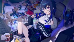  1girl bag bare_shoulders black_hair black_jacket blue_hair blue_jacket bottle box breasts can cardboard_box chair chips_(food) collared_shirt commentary company_name computer_keyboard copyright_name copyright_notice empty_bottle energy_drink food fur-trimmed_jacket fur_trim gaming_chair glasses grey_socks highres holding holding_bottle ichinose_uruha ichinose_uruha_(4th_costume) indoors instant_cup_noodles instant_noodles jacket jacket_partially_removed knee_up kuukai_(adexi) long_hair messy_room multicolored_hair off_shoulder official_art on_chair parted_lips plastic_bag potato_chips shirt sitting sleeveless sleeveless_shirt socks solo streaked_hair swivel_chair trash two-sided_fabric two-sided_jacket violet_eyes virtual_youtuber vspo! water_bottle white_shirt wolf_cut xross_stars 
