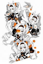  1girl :d absurdres angelina_(arknights) angelina_the_mellow_wish_(arknights) animal_ear_fluff animal_ears arknights closed_mouth collar eating envelope food fox_ears fox_girl fruit gloves hair_between_eyes hairband highres holding holding_envelope holding_food holding_ice_cream_cone holding_letter holding_phone holding_pizza ice_cream_cone juice letter long_hair long_sleeves looking_at_viewer multiple_views open_mouth orange_(fruit) orange_eyes orange_juice orange_slice partially_colored phone pizza pizza_box pizza_slice simple_background smile sweatdrop twintails upper_body white_background xhs_11552005627 