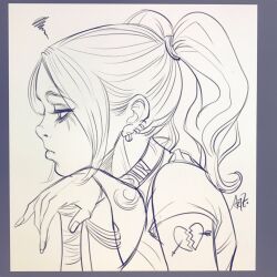  1girl arm_tattoo batman_(series) broken_heart closed_mouth collar commentary dc_comics earrings english_commentary from_side harley_quinn head_rest heart highres jewelry lineart long_hair monochrome multiple_earrings sketch solo stanley_lau tattoo twintails upper_body 