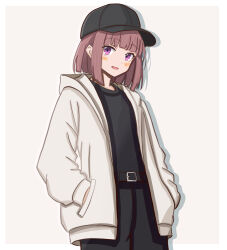  1girl :d absurdres baseball_cap black_hat black_pants black_shirt blunt_bangs blunt_ends blush bob_cut border brown_hair commentary_request cowboy_shot grey_background hands_in_pockets hat highres hood hood_down hooded_jacket ikizulive!_love_live!_bluebird jacket long_sleeves looking_at_viewer love_live! open_clothes open_jacket open_mouth outside_border pants sasaki_shion shirt short_hair sidelocks simple_background smile solo streetwear violet_eyes white_border white_jacket yuyuyu02282 