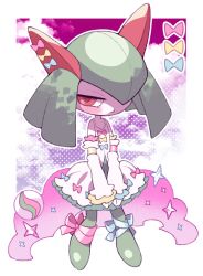  1girl blush bow clothed_pokemon colored_skin dress dress_bow green_hair green_skin hair_over_one_eye horns kirlia minashirazu multicolored_skin pokemon pokemon_(creature) red_eyes ribbon sidelocks two-tone_skin white_dress white_skin 