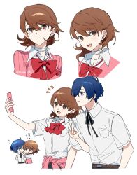  1boy 1girl belt black_ribbon blue_eyes blue_hair bow bowtie brown_eyes brown_hair cardigan choker closed_mouth collared_shirt commentary earrings flipped_hair gekkoukan_high_school_uniform hands_on_another's_cheeks hands_on_another's_face heart heart_choker highres holding holding_phone jewelry locked_arms looking_at_phone loose_bowtie medium_hair multiple_views neck_ribbon notice_lines open_mouth persona persona_3 phone pink_cardigan red_bow red_bowtie ribbed_cardigan ribbed_sweater ribbon school_uniform selfie shirt short_hair short_sleeves simple_background stud_earrings summer_uniform sweater takeba_yukari tooru_(jux) twitter_username upper_body v white_background white_choker white_shirt wing_collar yuuki_makoto_(persona_3) 