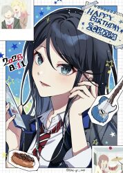 1girl black_hair black_jacket blazer blue_background brown_cardigan cardigan collarbone drum drum_set earphones earphones green_jacket grey_eyes grey_shirt guitar happy_birthday hatsune_miku head_tilt highres hinomori_shiho hoshino_ichika_(project_sekai) instrument jacket light_blush long_hair looking_at_viewer lower_teeth_only miyamasuzaka_girls'_academy_school_uniform mochizuki_honami neckerchief necktie no_eyes open_collar paper phone photo_(object) project_sekai red_neckerchief red_necktie sailor_collar school_uniform shirt sleeve_cuffs smile solo_focus star_(symbol) star_symbol_background striped_clothes striped_necktie tape teeth tenma_saki three-quarter_sleeves unagi_no_buckle white_background white_sailor_collar white_shirt yakisobapan 