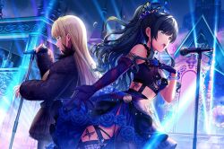  2girls aoyagi_tsubaki architecture asymmetrical_gloves asymmetrical_legwear bare_shoulders black_gloves black_hair black_skirt blonde_hair blue_skirt braid breasts crop_top d4dj earrings elbow_gloves fingernails fur-trimmed_jacket fur_trim game_asset gloves gothic_architecture green_eyes grey_eyes holding holding_microphone jacket jewelry long_hair looking_at_viewer medium_breasts microphone microphone_stand multiple_girls neo_(d4dj) official_art open_mouth ponytail singing single_leg_pantyhose skirt solo third-party_source upper_body 