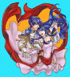  1boy 1girl armor blue_eyes blue_flower blue_hair bride caeda_(fire_emblem) caeda_(talys's_bride)_(fire_emblem) choker commentary couple dress fire_emblem fire_emblem:_mystery_of_the_emblem fire_emblem_heroes flower gloves groom hetero highres husband_and_wife long_hair marth_(fire_emblem) marth_(groom)_(fire_emblem) official_alternate_costume one_eye_closed open_mouth polka_dot polka_dot_background short_hair simple_background smile strapless strapless_dress suit tamaro_pompom tiara tuxedo wedding wedding_dress white_gloves white_suit 