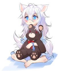  1girl absurdres alice_(ookami_hime_monogatari) animal_ears antenna_hair barefoot blue_eyes blue_ribbon blush brownie_(ookami_hime_monogatari) crossed_bangs dress frilled_dress frills full_body hair_between_eyes highres holding holding_stuffed_toy hugging_object long_hair ookami_hime_monogatari parted_lips pawpads ribbon simple_background sitting soles_together solo stuffed_animal stuffed_toy sweat sweatdrop tail teddy_bear toba_hiyoko white_background white_dress white_hair wolf_ears wolf_girl wolf_tail wrist_ribbon 