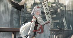  1girl absurdres animal_ears bad_source bird city feathers flag hat highres holding holding_sword holding_weapon inubashiri_momiji looking_at_viewer naturally_detached_hair outdoors pom_pom_(clothes) red_eyes red_hat ribbon-trimmed_sleeves ribbon_trim ryosios shirt short_hair standing sword tail tokin_hat touhou water waterfall weapon white_hair white_shirt wide_sleeves wolf_ears wolf_tail 