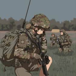  3girls 82nd_airborne assault_rifle backpack bag blonde_hair blue_eyes blurry blurry_background etmc1992 gun helmet highres holding holding_gun holding_weapon kneeling load-bearing_vest m4_carbine military_combat_uniform military_uniform multiple_girls original ponytail radio_antenna rifle scope short_ponytail shorts trigger_discipline united_states_army weapon 