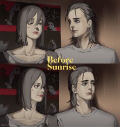  1boy 1girl black_hair closed_mouth collarbone commentary derivative_work english_commentary eren_yeager green_eyes grey_eyes grey_shirt hair_between_eyes half_updo highres indoors looking_at_another mikasa_ackerman poster_(object) scar scar_on_cheek scar_on_face shingeki_no_kyojin shirt twitter_username upper_body wallpaper_(object) yorumudts 