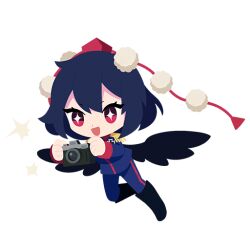  1girl alternate_costume bird_wings black_boots black_wings blue_jacket blue_pants boots camera cross epaulettes flying fringe_trim full_body hair_between_eyes hat iron_cross jacket knee_boots leaf long_sleeves medium_hair official_art open_mouth pants pom_pom_(clothes) red_eyes red_hat shameimaru_aya simple_background smile solo sparkling_eyes symbol-shaped_pupils tohotopia tokin_hat touhou wanzilala16 white_background wings 