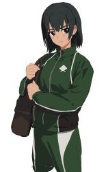  1girl absurdres bag black_eyes black_hair brown_bag closed_mouth green_jacket green_pants highres iroirowm jacket long_sleeves looking_to_the_side ootsu_mari pants sayonara_lara short_hair shoulder_bag solo track_jacket track_suit white_background 
