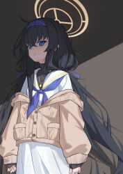  1girl absurdres black_hair black_undershirt blue_archive blue_eyes blue_hairband blue_neckerchief blue_ribbon brown_background brown_cardigan brown_halo cardigan closed_eyes commentary_request hair_between_eyes hair_ribbon hairband halo highres jewelry long_hair long_sleeves looking_at_viewer low_twintails neckerchief off_shoulder pendant pleated_skirt ribbon sailor_collar shirt skirt sleeves_past_wrists solo twintails ui_(blue_archive) undershirt upper_body very_long_hair white_sailor_collar white_shirt white_skirt zhuo_lanji 