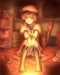  1girl bad_id bad_twitter_id bandaid bandaid_on_finger bandaid_on_hand bandaid_on_neck black_thighhighs bookshelf boots bow bowtie brown_hair closed_umbrella commentary_request dress hat hiaruron highres higurashi_no_naku_koro_ni inactive_account knees_up looking_at_viewer no_shoes parted_bangs purple_bow purple_bowtie ryuuguu_rena short_hair short_sleeves shorts sitting smile solo thigh-highs tissue_box umbrella unworn_boots white_dress white_hat white_shorts wristband 