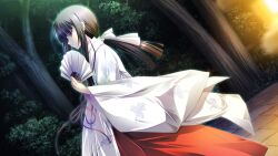  1girl black_eyes black_hair blunt_bangs bow closed_mouth dutch_angle floating_hair folding_fan forest from_side furisode_sleeves game_asset grass hachimori_hinoto hair_bow hakama hakama_skirt hand_fan holding holding_fan japanese_clothes kimono lamppost long_hair long_sidelocks low_ponytail miko nature night non-web_source orange_memories outdoors ponytail profile red_hakama self-datamine sidelocks skirt solo standing tree white_bow white_kimono wide_sleeves zinno 