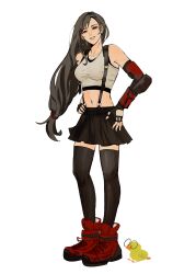  1girl absurdres artist_self-insert bare_shoulders bird black_bra black_gloves black_hair black_skirt black_thighhighs boots bra breasts crop_top earrings elbow_gloves elbow_pads final_fantasy final_fantasy_vii final_fantasy_vii_remake fingerless_gloves frylmnd full_body glasses gloves hair_tubes hands_on_own_hips highres jewelry long_hair looking_at_viewer low-tied_long_hair medium_breasts midriff miniskirt navel parted_lips red_boots red_eyes round_eyewear shirt single_elbow_pad skirt sleeveless sleeveless_shirt smile solo sports_bra standing suspenders teeth thigh-highs tifa_lockhart underwear white_background white_shirt yellow_bird 